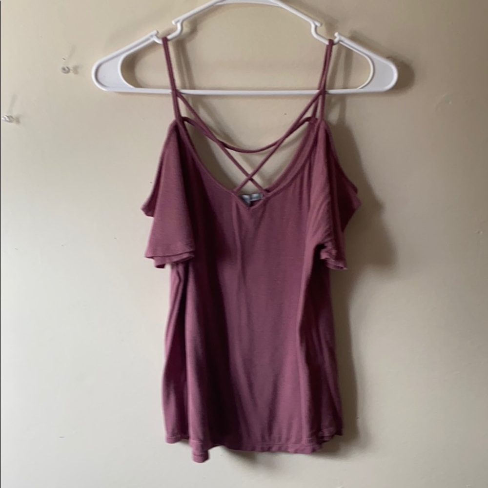 Dusty rose off the shoulder criss cross top